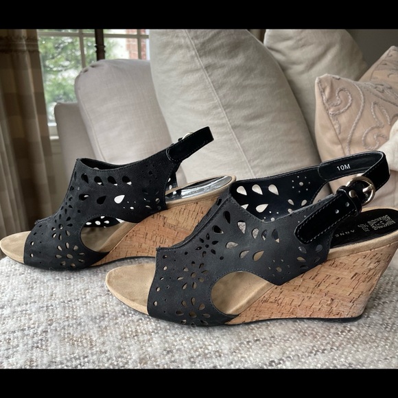 Anne Klein iflex Black Suede Perforated Wedge Sandal - Picture 2 of 8